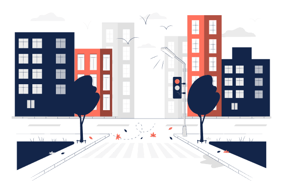 Illustration of a street lined with commercial buildings